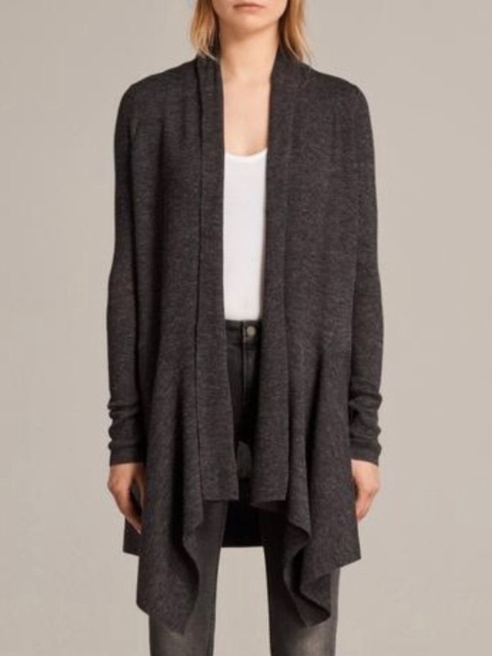 ALLSAINTS Keld Long Cardigan 100% Merino Wool Gray Rib Knit Sweater Small